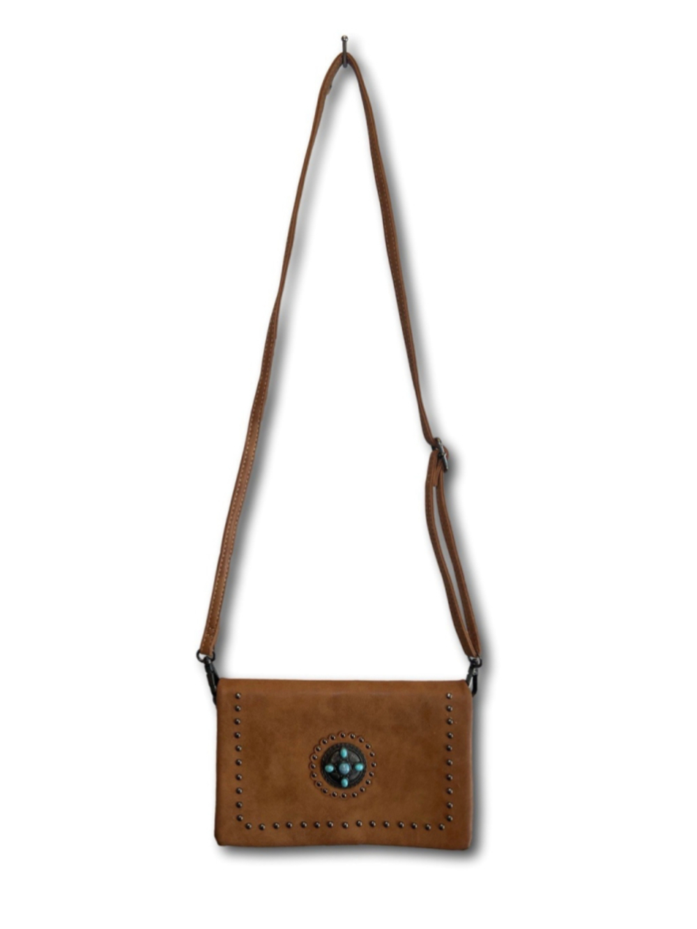 American Eagle Faux Leather Turquoise Studded Crossbody Purse Clutch Brown